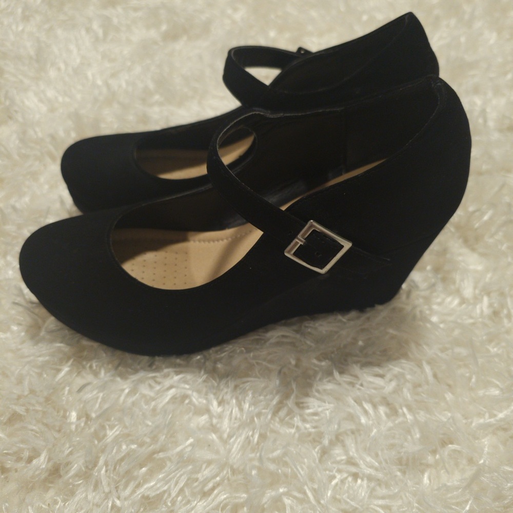 Black Wedge Mary Janes with Suede Finish